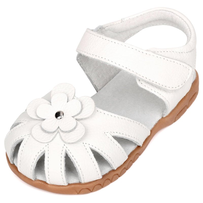 Femizee Girls Genuine Leather Soft Closed Toe Princess Flat Shoes Summer Sandals(Toddler/Little Kid) White,1504 CN25 - Image 1